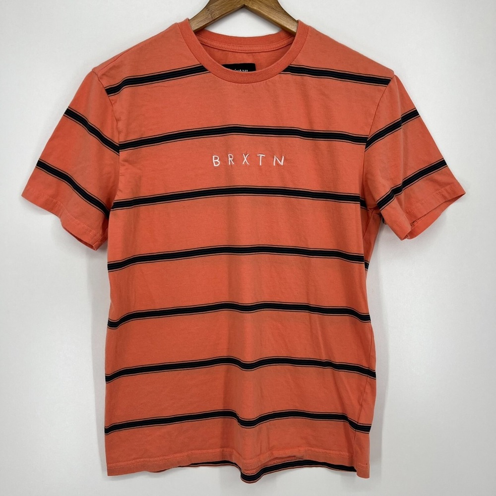 Brixton Mens Striped Short Sleeve T-Shirt Coral Orange Navy Blue Logo Size M